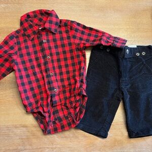 3 FOR $12 | Carter’s Baby Boy Red Plaid Onesie Black Corduroy Pants Set, Size 3M